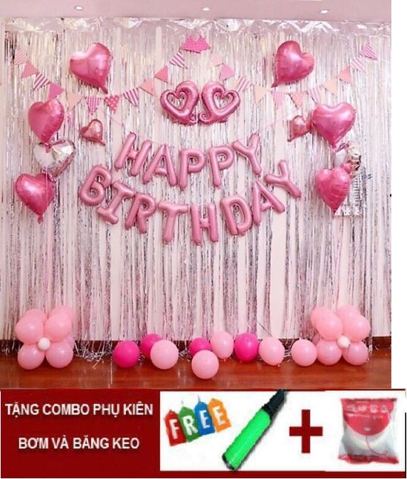 Bộ Trang Trí Sinh Nhật Màu Hồng+2 Rèm kim tuyến+10Bóng hình trái tim+30 Bong bóng nhũ