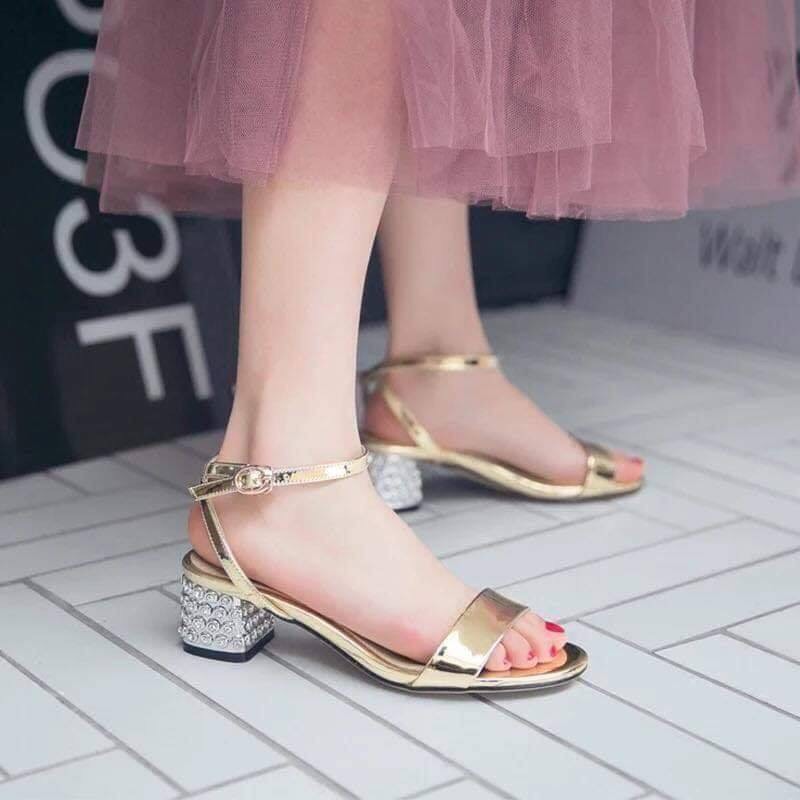 Giày cao gót 5 phân quai ngang xi bóng gót chấm dây quấn LT