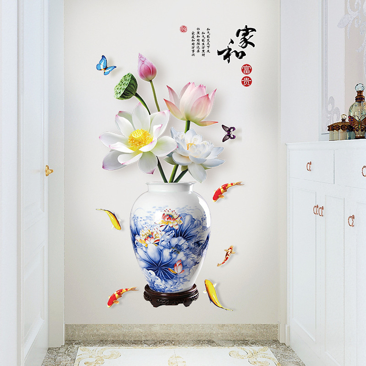 DECAL DÁN TƯỜNG TẾT BÌNH HOA XANH SEN TRẮNG
