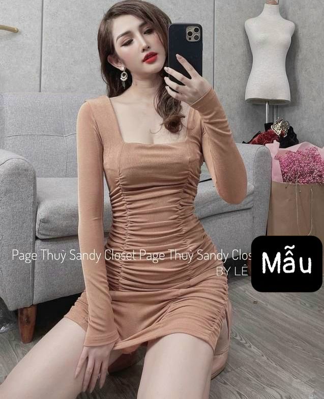 ĐẦM BODY THUN GÂN TAY DÀI CỔ VUÔNG NHÚN 2 BÊN SƯỜN FORM SIÊU TÔN DÁNG
