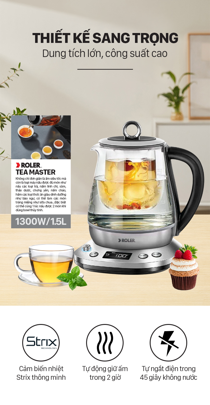 Ấm siêu tốc đa năng Tea Master Roler RK-5135A.Chưng yến,hầm cháo, làm sữa chua, pha trà. Bảo hành 2 năm