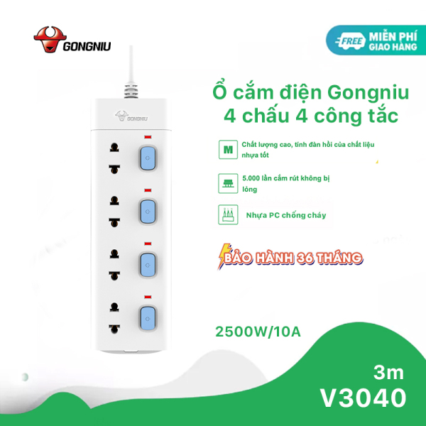 Bảng giá Ổ Cắm Điện Gongniu Đa Năng 4 Ổ 4 Công Tắc – Công Suất 10A/250/2500W – Trắng – Chính Hãng (V3040)