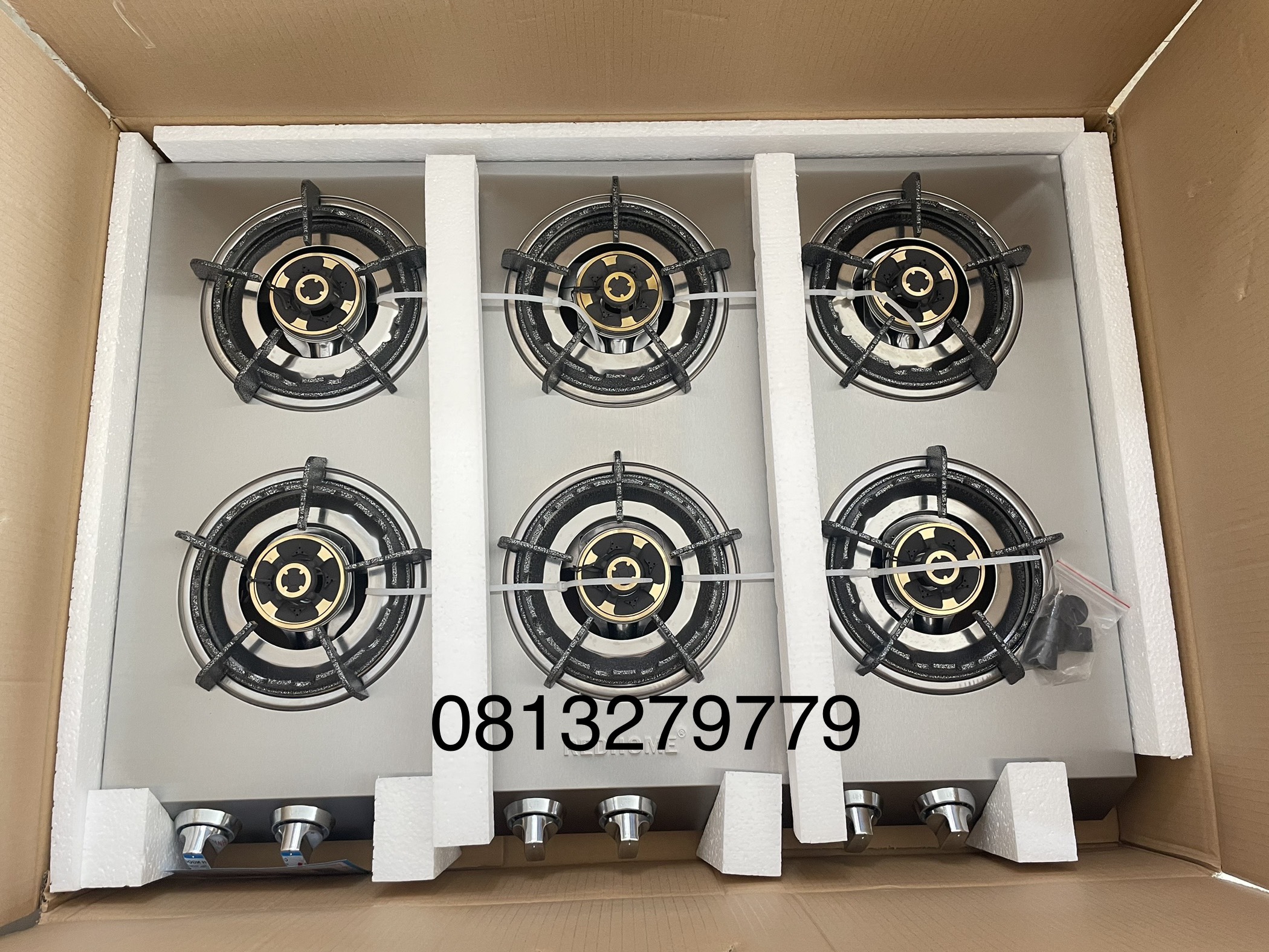 Bếp gas 6 họng cao cấp ( đầu đốt bằng đồng kiềng gang nút inox )
