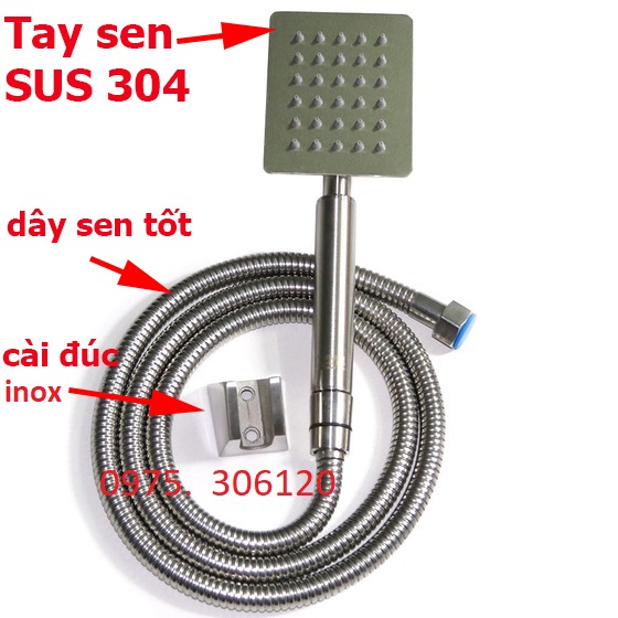 Bộ Tay Sen Tắm Vòi Hoa Sen INOX 304 TS01 và Dây sen và cài sen TAY SEN INOX VUÔNG đủ bộ, inox 304 chuẩn chống han rỉ, tia nước to phun nhiều nước mạnh