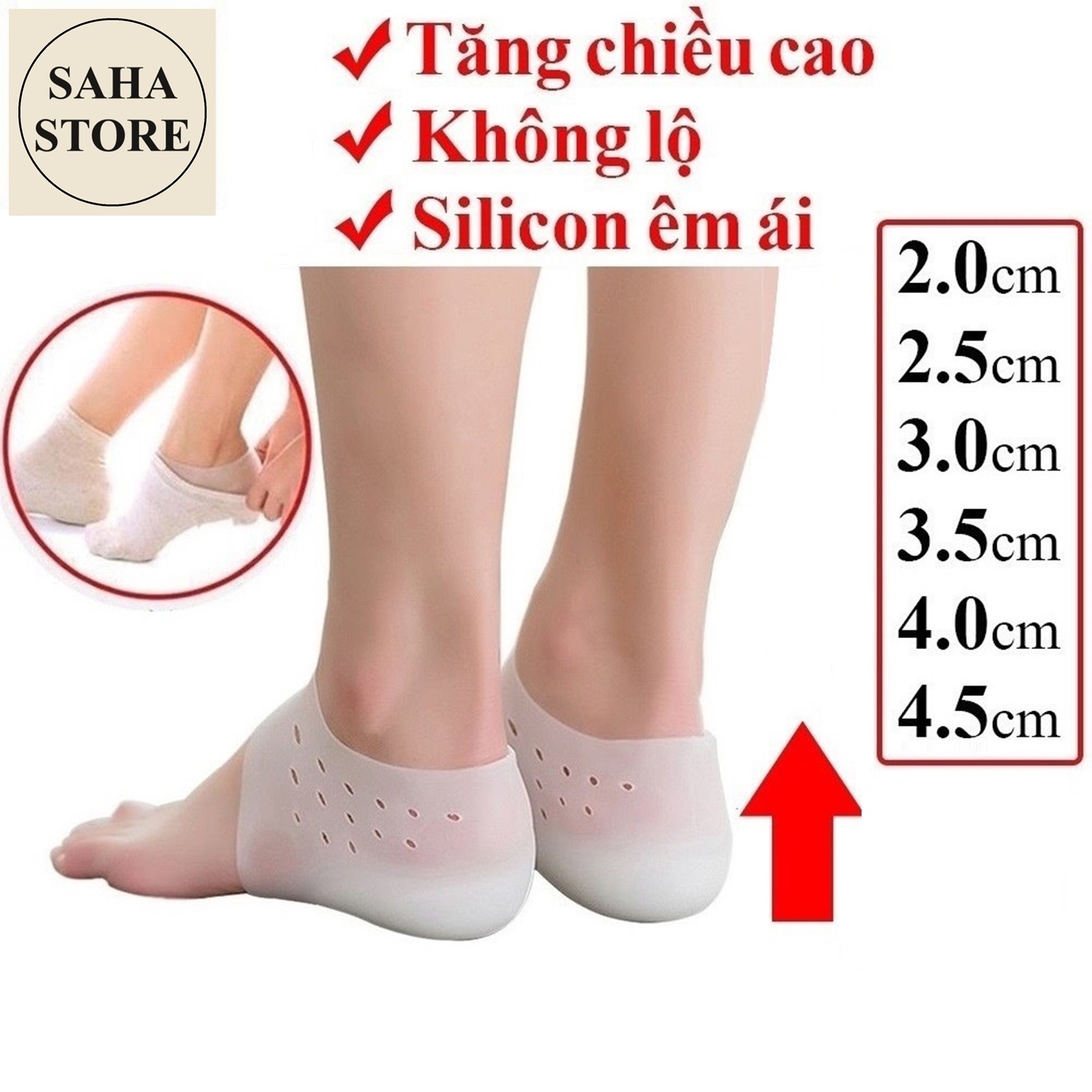 Vớ tất tăng chiều cao silicon không lộ SAHA922 unisex nam nữ êm chân thoáng khí miếng lót giày độn đế nâng gót