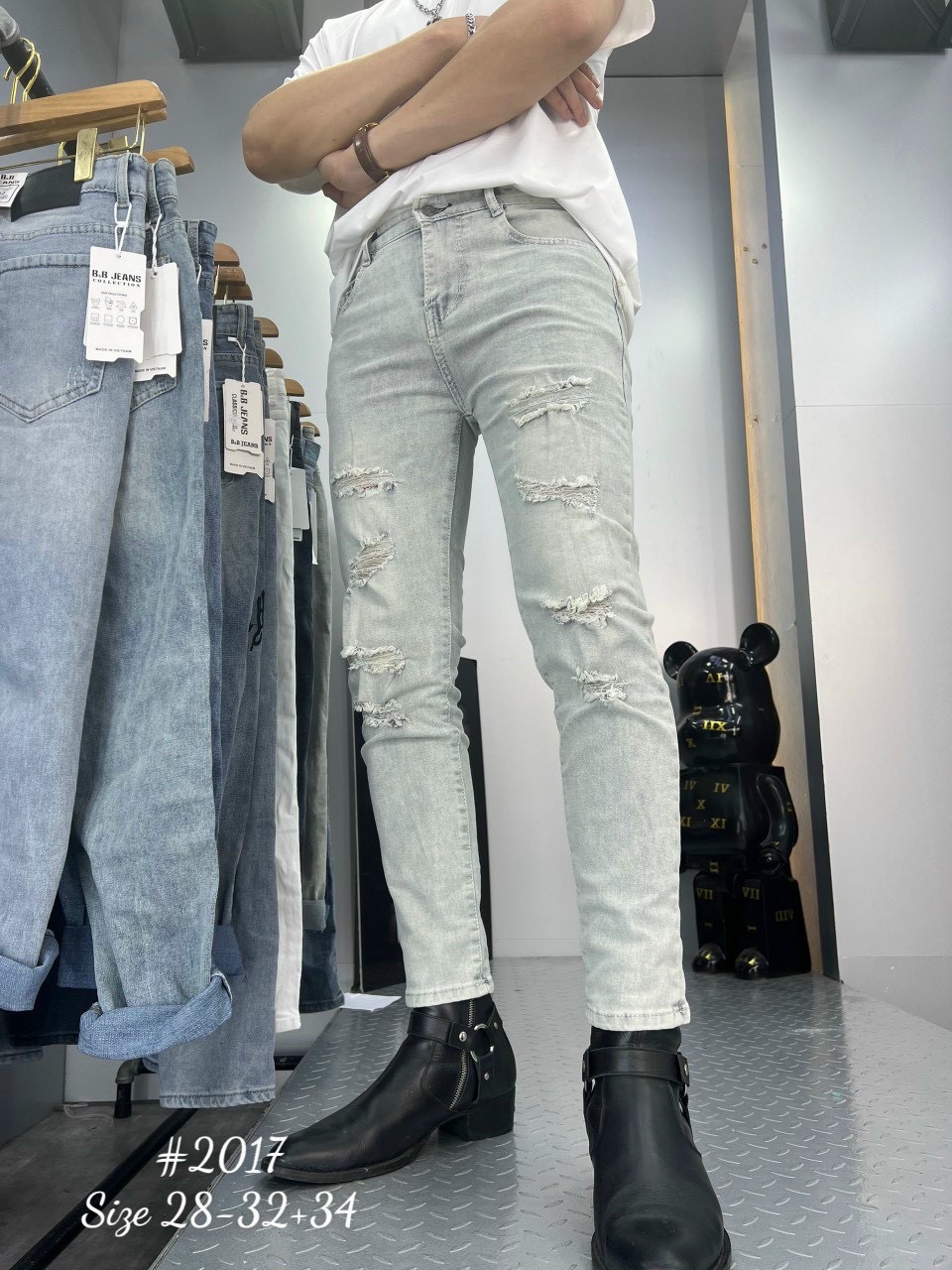 Quần jeans nam xám trắng wash rách chất bò co dãn kj12017 violetstore