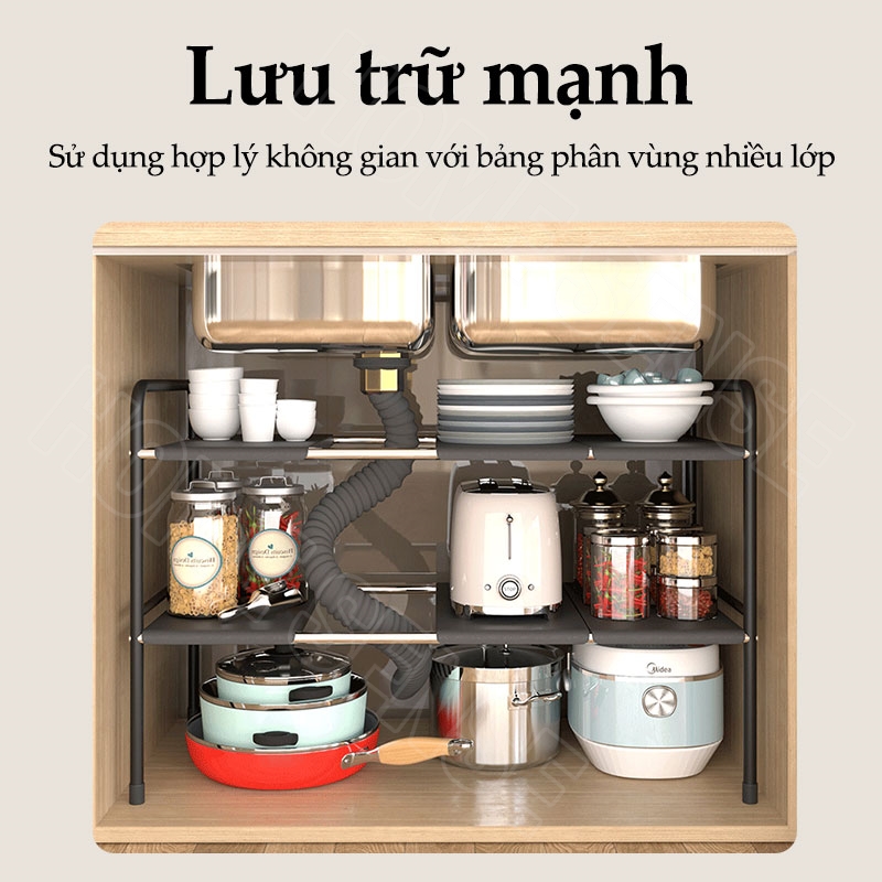 HOMESENCE Kệ Gầm Bếp Để Xoong Nồi Chảo Dưới Gầm Bồn Rửa, Kệ Để Đồ Nhà Bếp Đa Năng Tiện Lợi Khung Inox