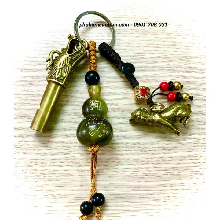 Móc khoá còi đầu rồng đồng hồ lô tượng đồng con chó, kích thước đa dạng, màu đồng - sp006296