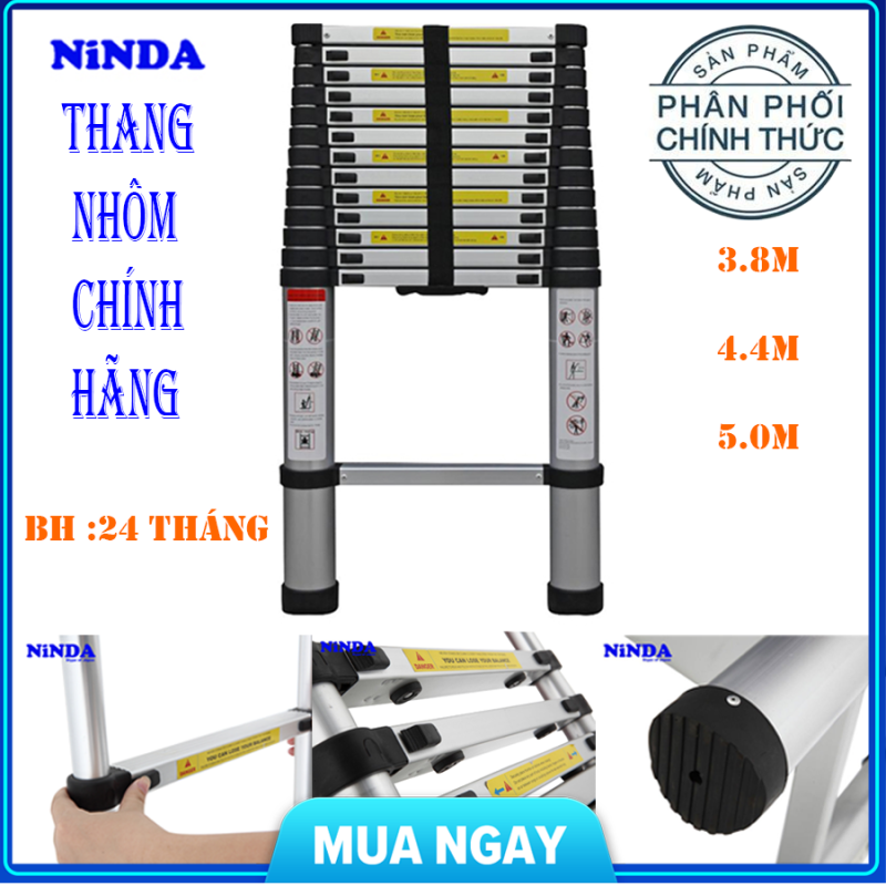 (BẢO HÀNH 24 THÁNG) Thang nhôm rút 3,8m đến 5m NinDa - Nút cao su chống trượt, khóa chống rung lắc , 2x9 bậc , tải trọng 300kg