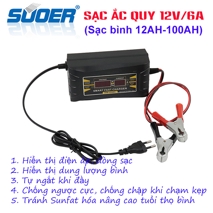 Sạc bình ắc quy 12V 6A (sạc bình 12Ah-100ah) SUOER-SON1206D tránh sunfat hóa tự ngăt khi đầy chống ngược cực, may sac binh ac quy, sac acquy, sac ac quy xe may, sac binh
