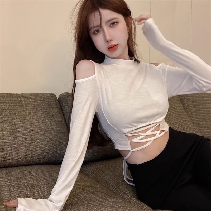 Áo Croptop Gân Tay Dài Đan Dây