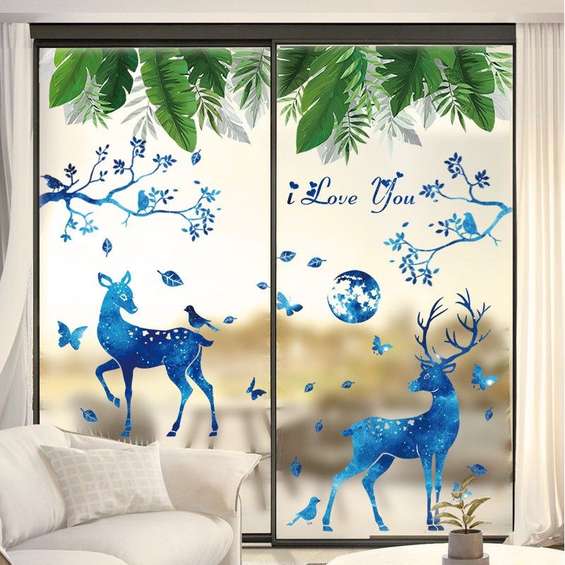 Decal dán tường đôi nai và tán lá xanh( tranh ghép)