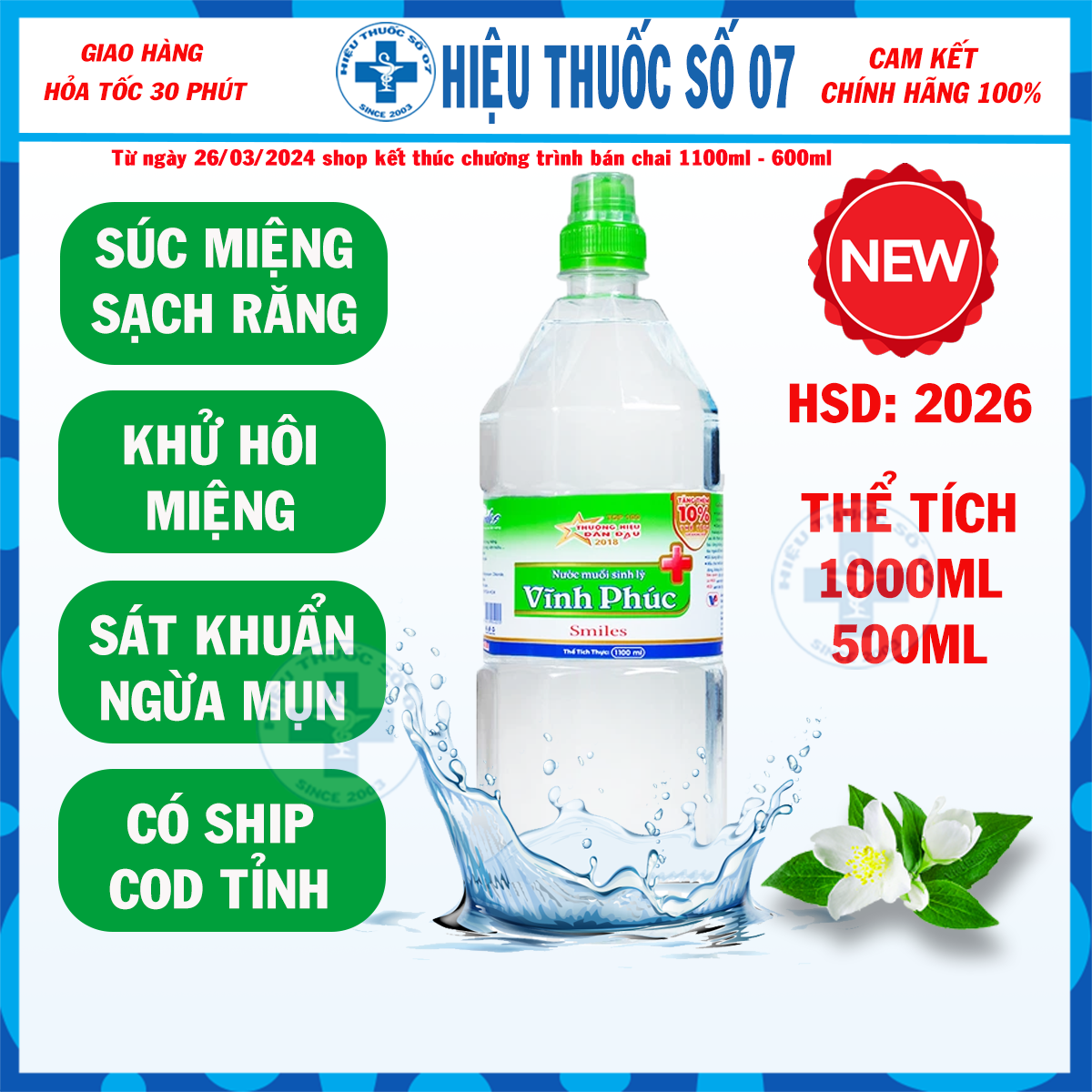 Nước Muối Sinh Lý Vĩnh Phúc Natri Clorid 0.9% Rửa Mũi Sát Khuẩn Chai 1000ml