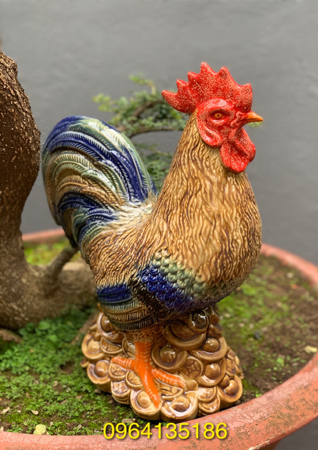 Tượng tiểu cảnh gà trống tài lộc h40cm gốm sứ Bát Tràng