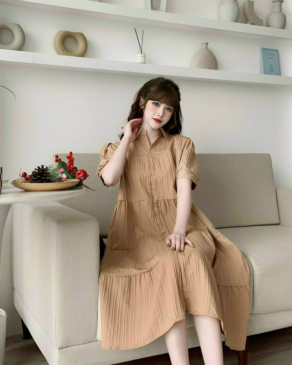 Váy bầu công sở mùa hè bauxinh Đầm bầu thời trang thiết kế cổ bèo chất mát