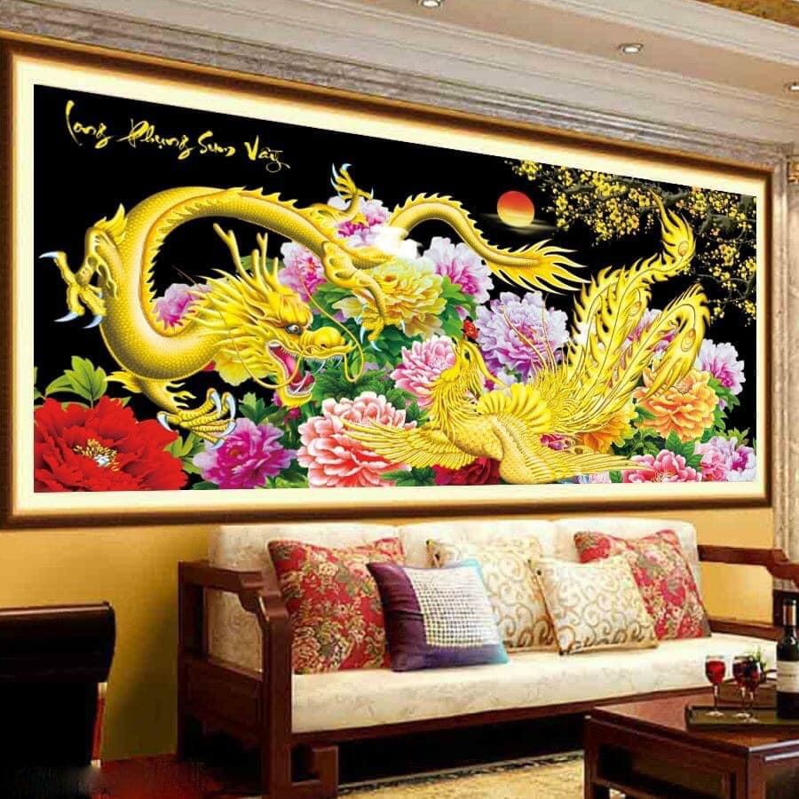 [160x75cm]Tranh đính đá Long Phụng Sum Vầy - tranh chưa gắn đá