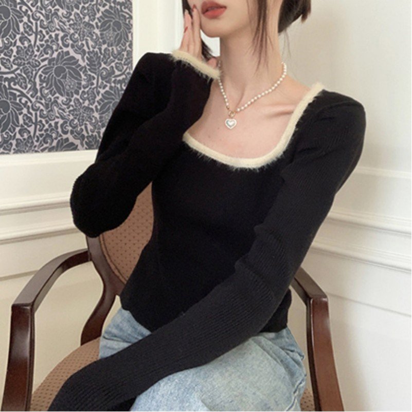 Áo len nữ có cổ viền ôm body , áo len cổ vuông rúm tay hottrend Hàn Quốc 2style_unisex