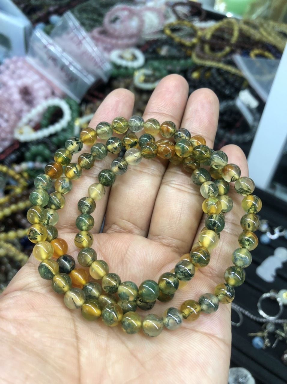 Vòng đeo tay, lắc tay phong thủy chuỗi hạt quấn 3 vòng đá ngọc băng tảo