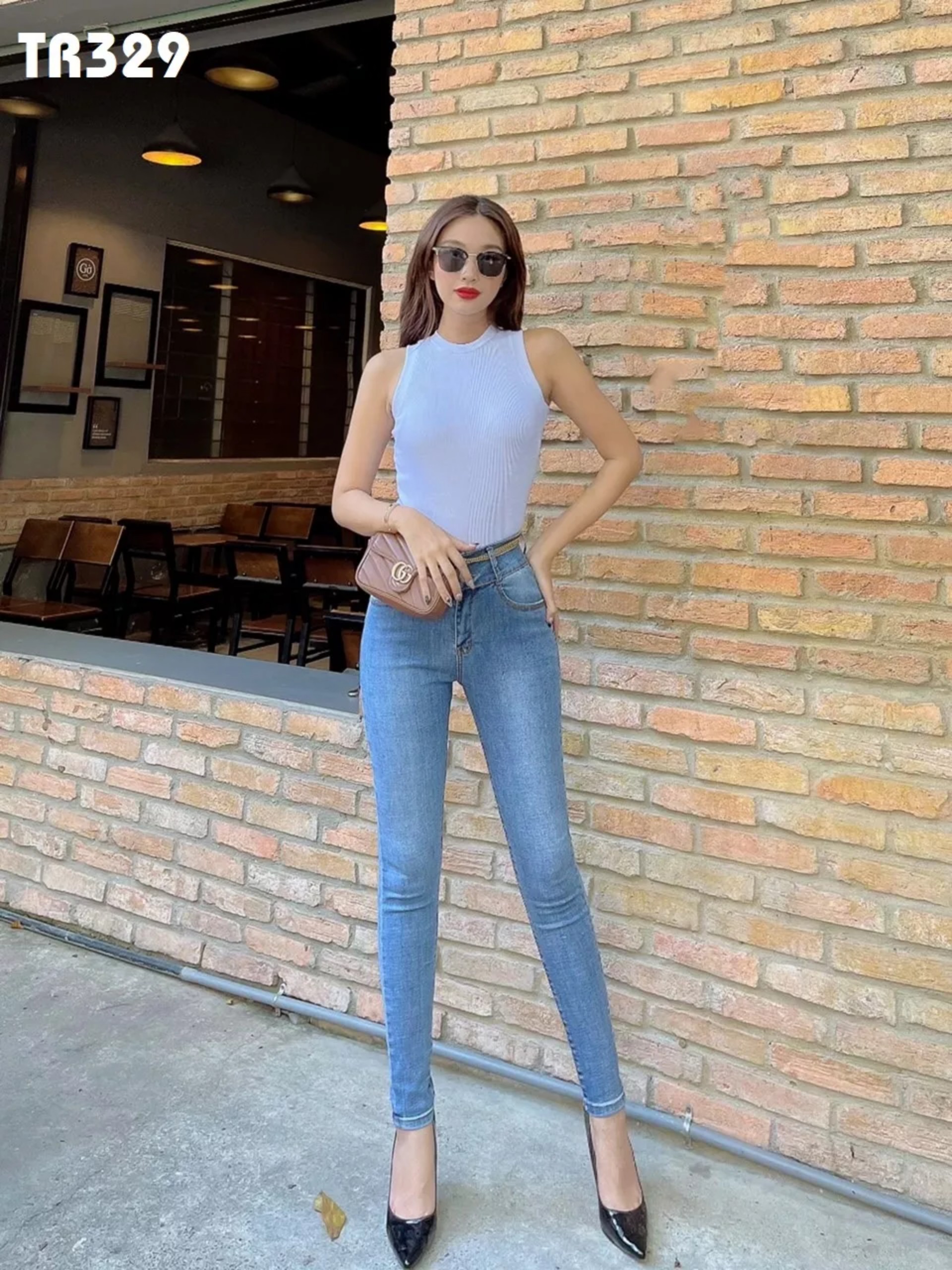 [Size 27-35] Quần jean dài nữ mẫu trơn lưng cao màu xanh nhạt co giãn mạnh