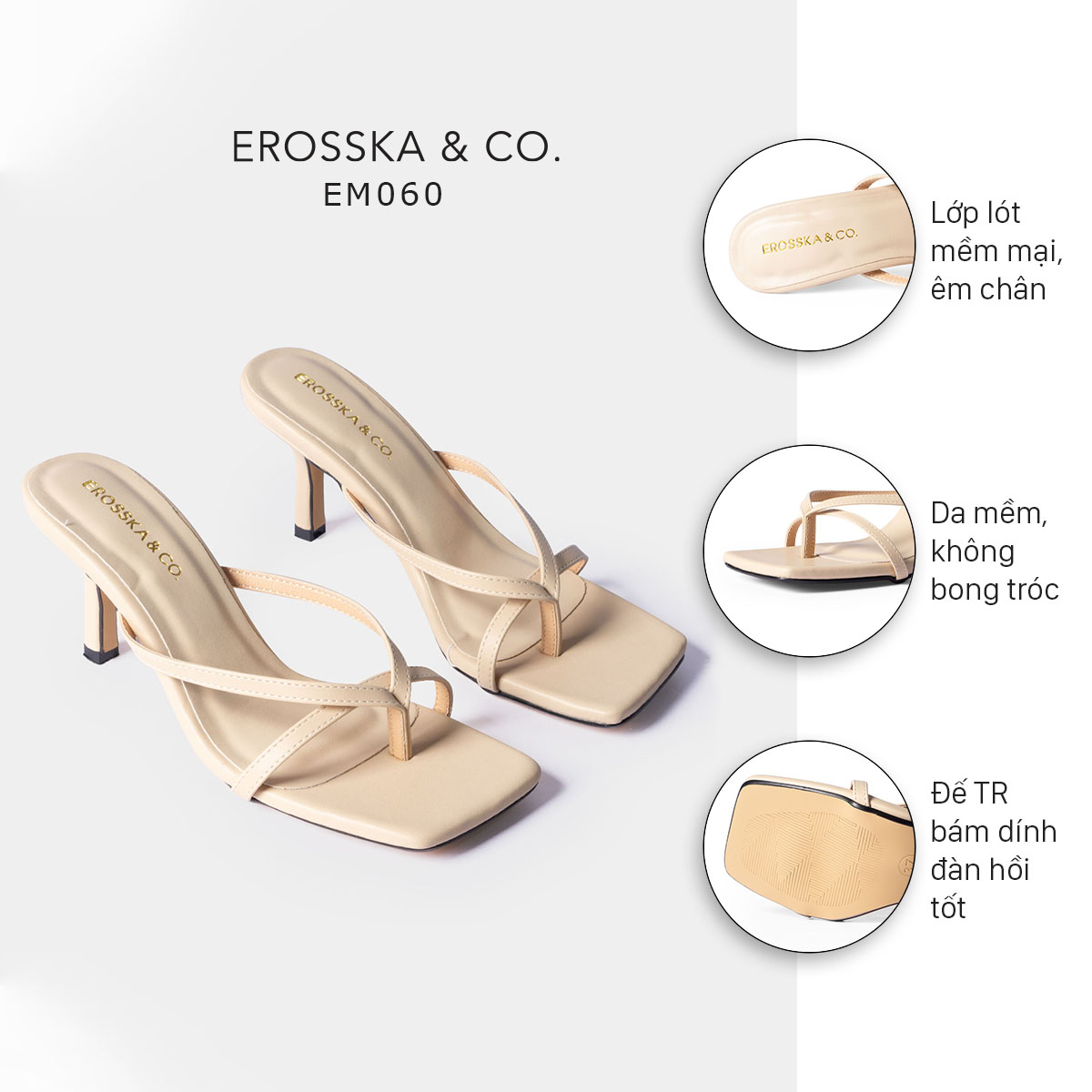 Dép cao gót thời trang Erosska mũi vuông kiểu dáng xỏ ngón phối dây quai mảnh gót nhọn cao 7cm màu nude - EM060