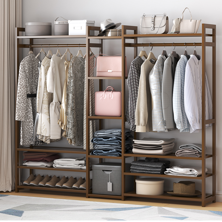 Hanging clothes cabinet 3 compartment wooden bamboo design smart save space to clothing shoes, shelf wooden clothes hangers multi-tiered