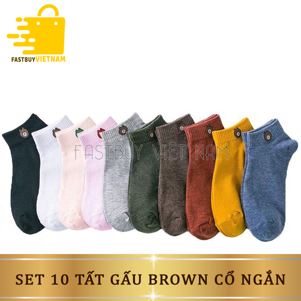 Set 10 Đôi Tất Gấu Brown Hot Trend Chất Liệu Cotton Co Giãn 4 Chiều Thấm Hút Mồ Hôi Tốt, Tất (Vớ) Nữ Cổ Thấp Vintage Kiểu Dáng Hàn Quốc  (Nhiều Màu Tặng Kèm Túi Dây Rút Hình Gấu)