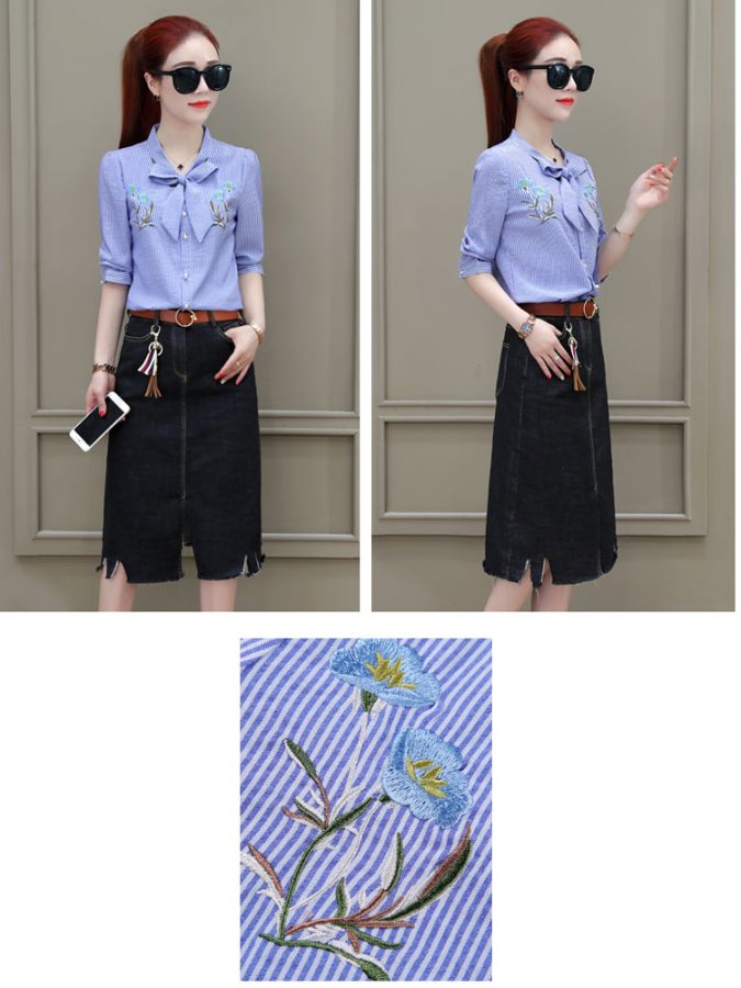 [4.4 Hoàn tiền 15%][HCM]Áo sơ mi sọc nhí thêu hoa- MS0113A