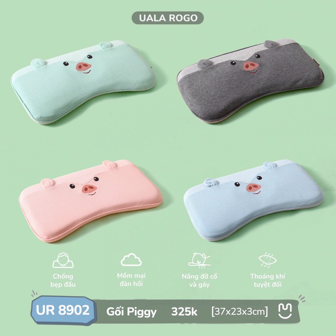 Gối PIGGY Memory Foam cao cấp độ đàn hồi tốt chống bẹp đầu hỗ trợ giấc ngủ ngon cho bé 37x23x3cm