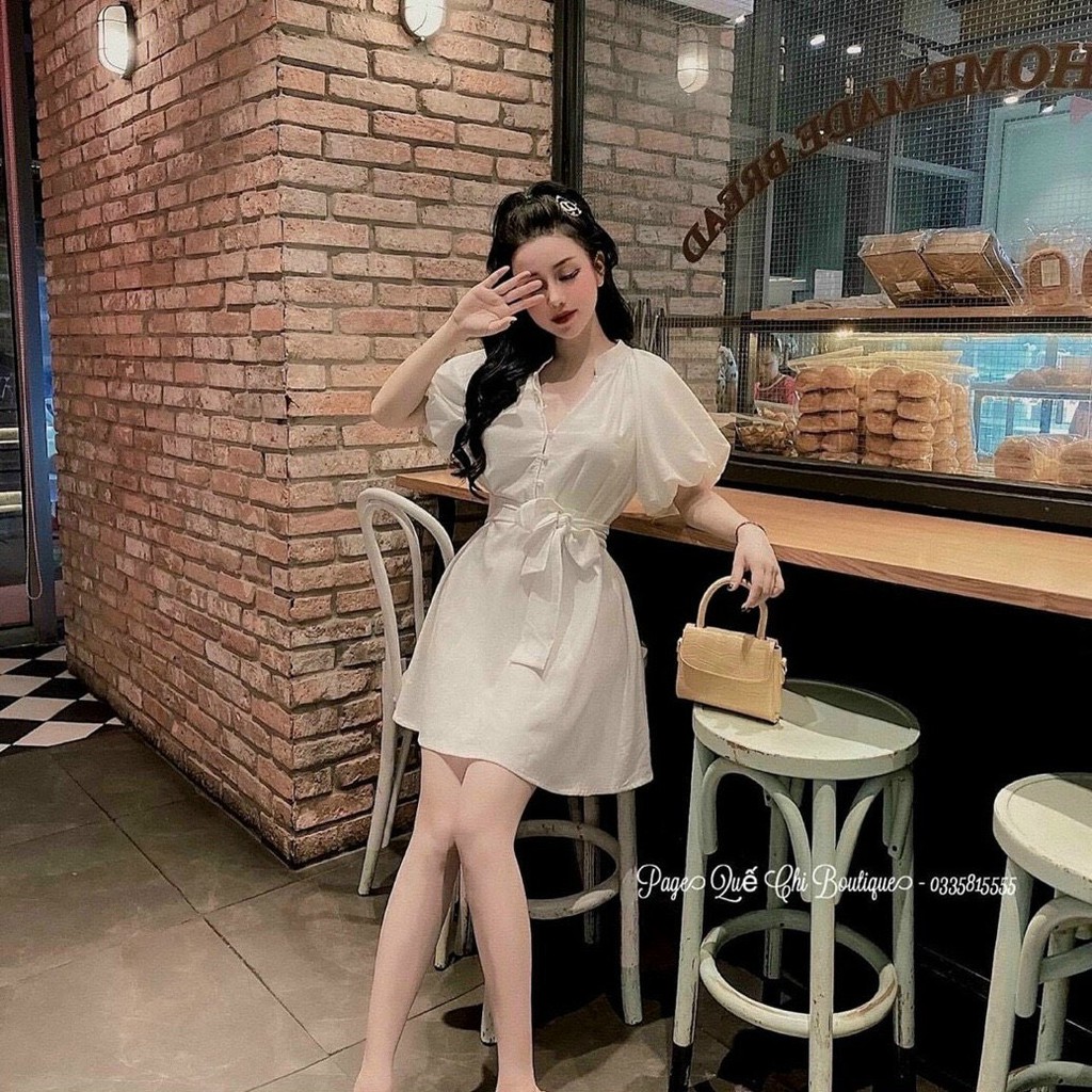 đầm ngắn tay phối nút cột dây eo DUTIEC51