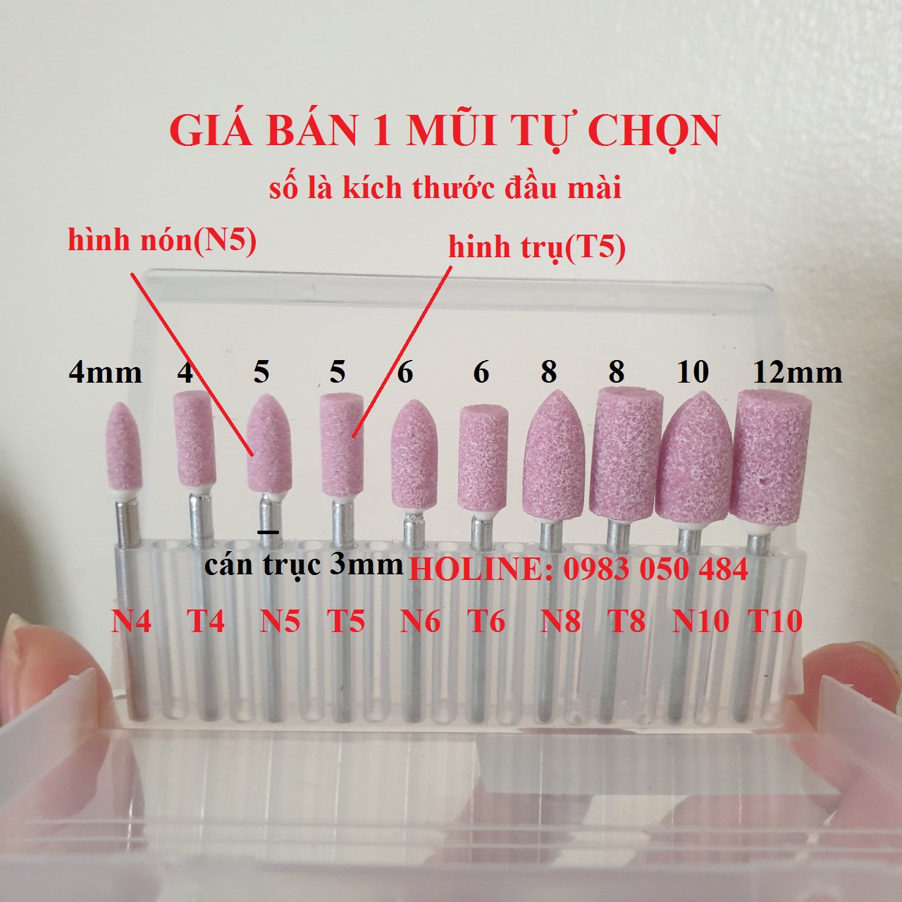 Mũi đá mài mini giá bán 1 mũi - đá mài hồng trục 3mm đầu 3,4,5,6,8,10,12mm