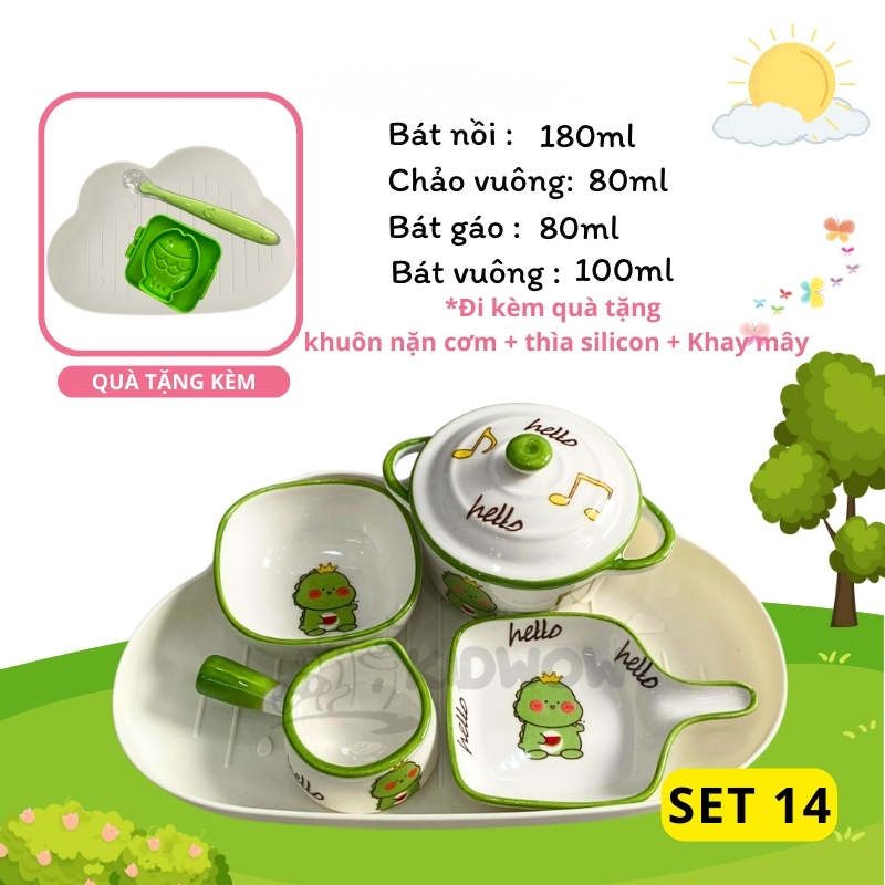 [TẶNG THÌA SILICON+ KHUÔN CƠM+ KHAY MÂY] Bộ Bát Sứ Ăn Dặm Cho Bé Siêu Đáng Yêu