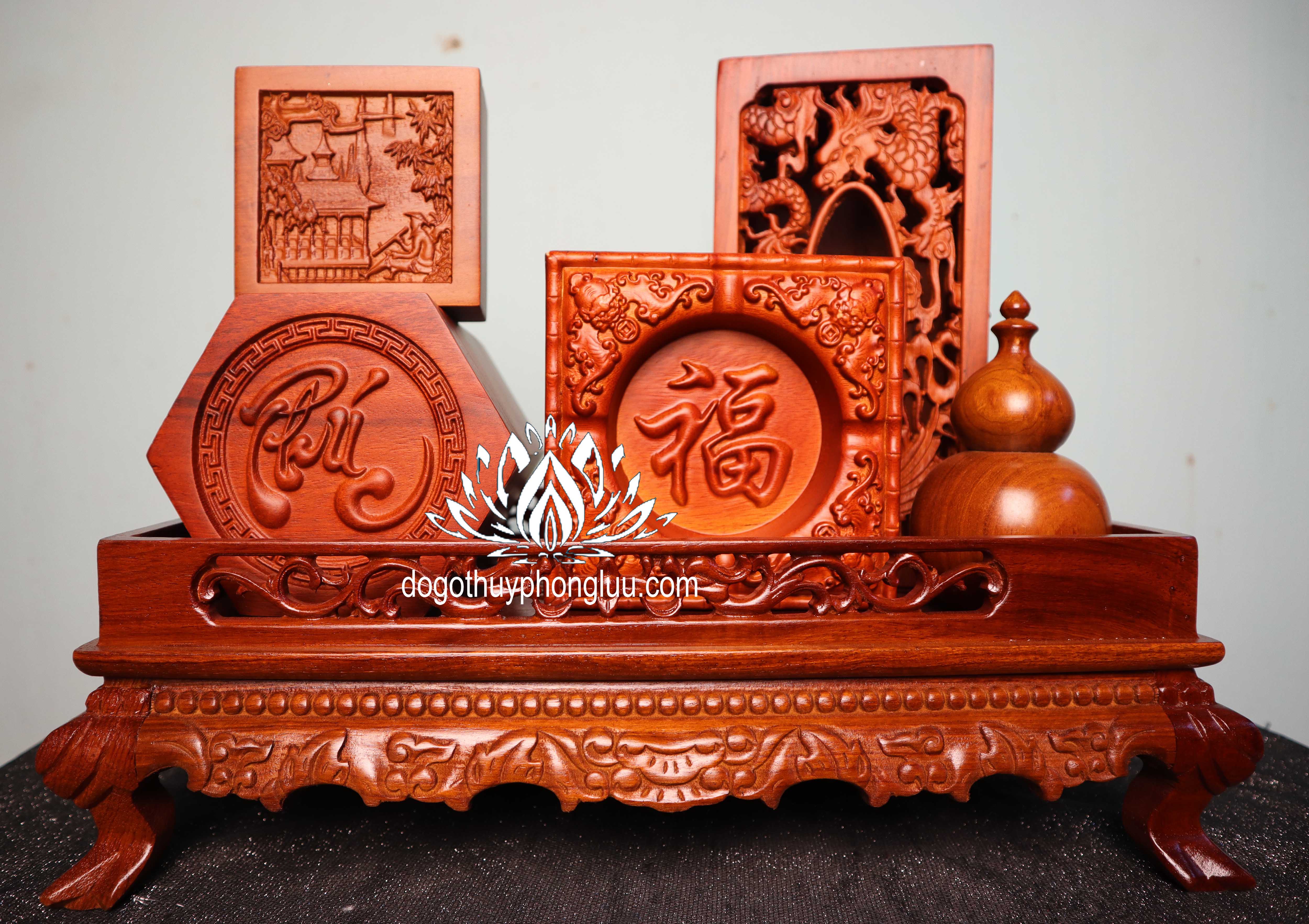 Combo 6 món giá rẻ khay trà rồng,gạt tàn,hộp giấy,hộp đựng chè,ống tăm,hộp đựng nhỏ gỗ hương cao cấp