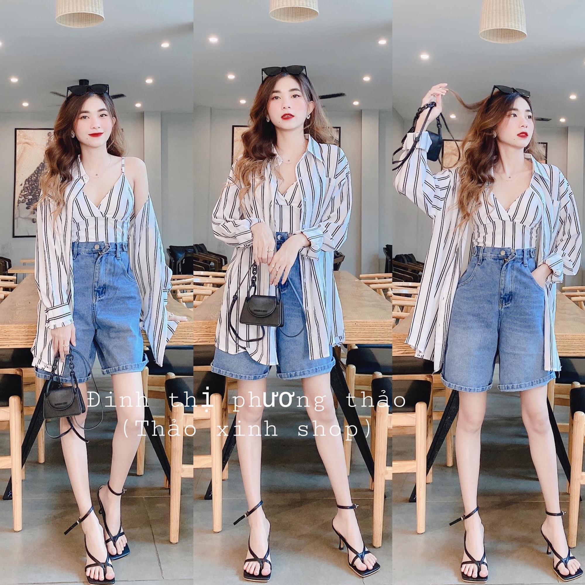Set Quần Ngố Đai Nút + Set 2 Món Sơ Mi Sọc ( co mút ngực)