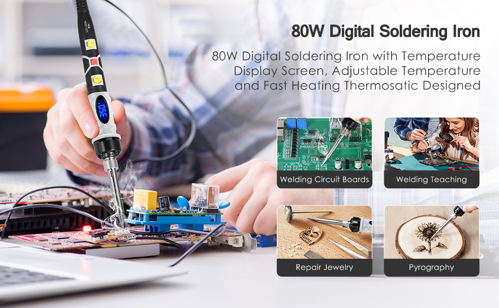 80W Digital Soldering Iron with 5pcs Tips, Adjustable Temperature and Fast Heating Thermostatic Design, for Electronics Repair and DIY