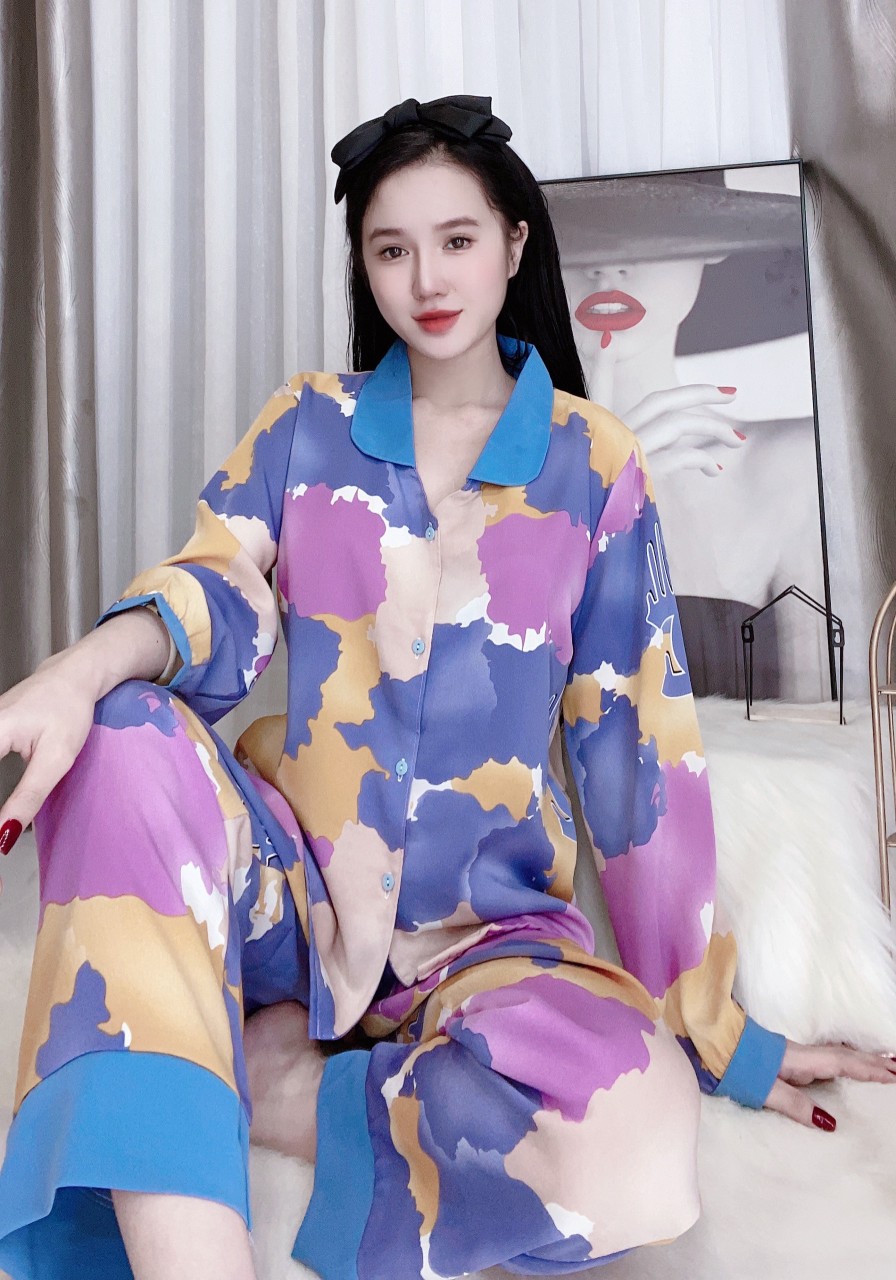 Đồ mặc nhà nữ Pijama lụa Mango, Đồ ngủ tay dài quần dài - Bông