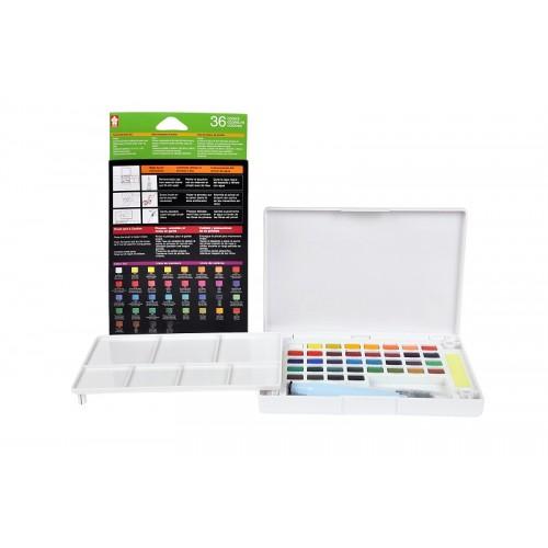 [HCM][TẶNG 10 TỜ GIẤY VẼ MÀU NƯỚC 300 GSM HAPPY A6] - MÀU NƯỚC SAKURA KOI DẠNG NÉN 36 MÀU (KÈM BẢNG PHA MÀU VÀ CỌ NƯỚC DÀI)