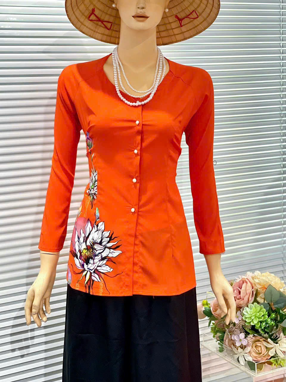 ÁO BÀ BA LỤA IN HOA ĐÀO XINH
