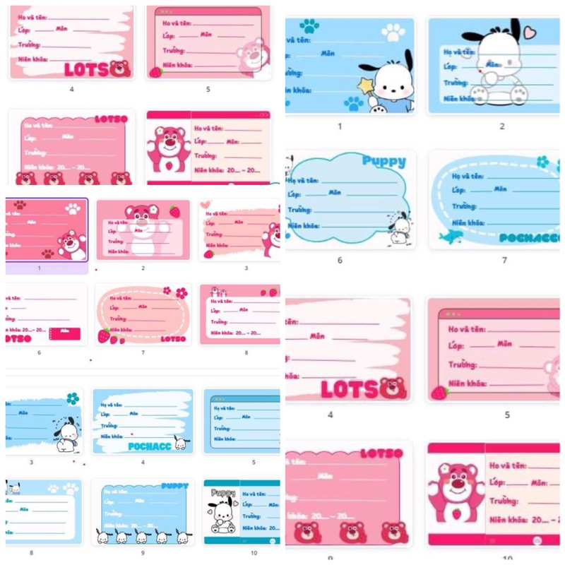 Set 20 Nhãn Vở Dán Tập (10 Nhãn gấᴜ Dâu + 10 Nhãn Pochacco)