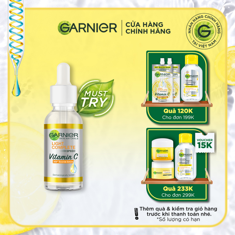 Tinh chất serum sáng da, giảm thâm mụn Vitamin C chiết xuất Yuzu tự nhiên - Garnier Light Complete 30x Booster Serum 30ml cao cấp