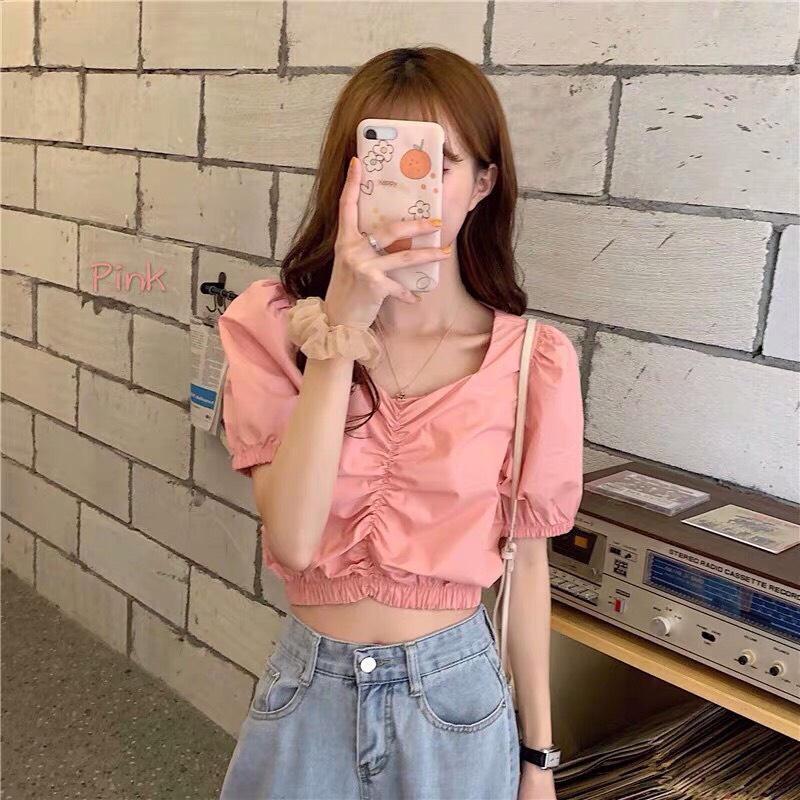 Áo voan tay ngắn bo eo nhún ngực màu quyến rũ TTSA0489