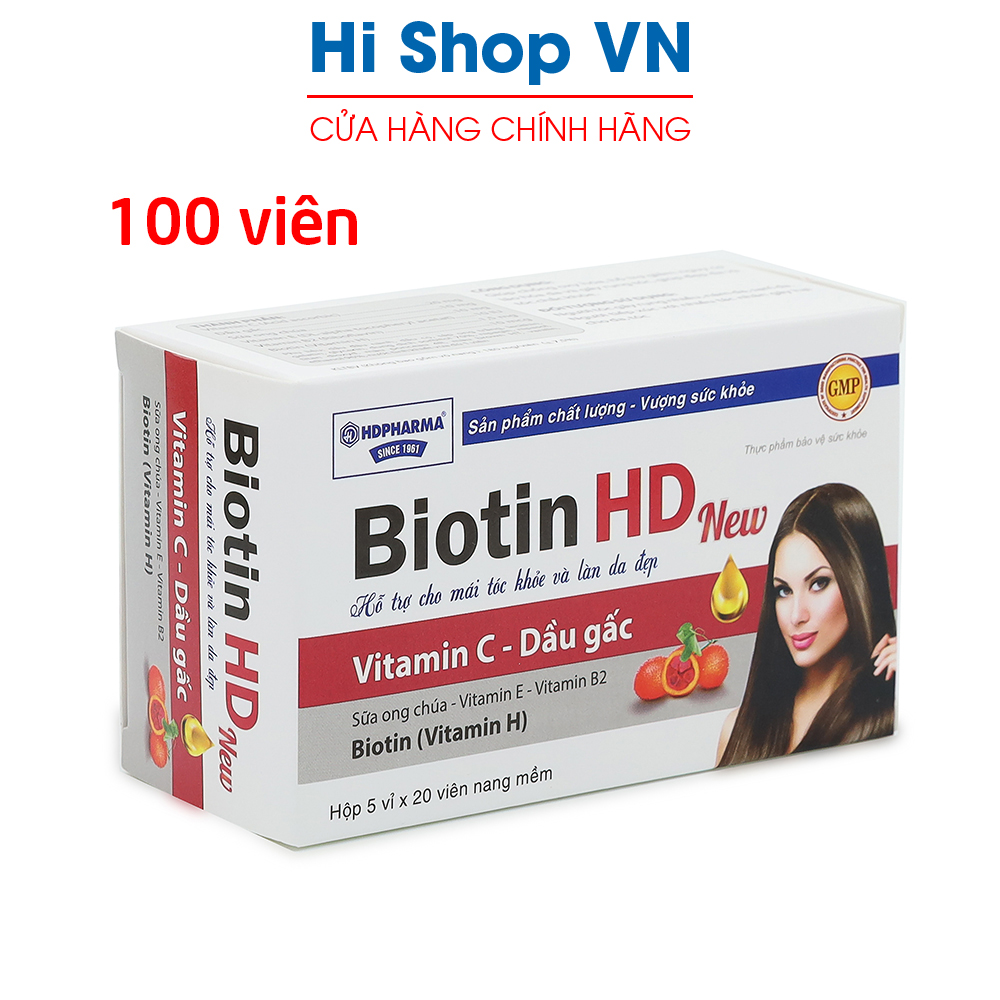 Viên uống Biotin HD New, vitamin C, dầu gấc giúp mái tóc khỏe, sáng da, giảm rụng tóc, chống lão hóa - Hộp 100 viên