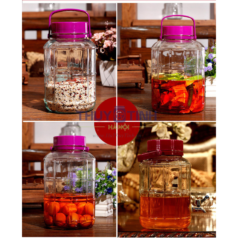 Bình thủy tinh quai xách nắp tím 20l