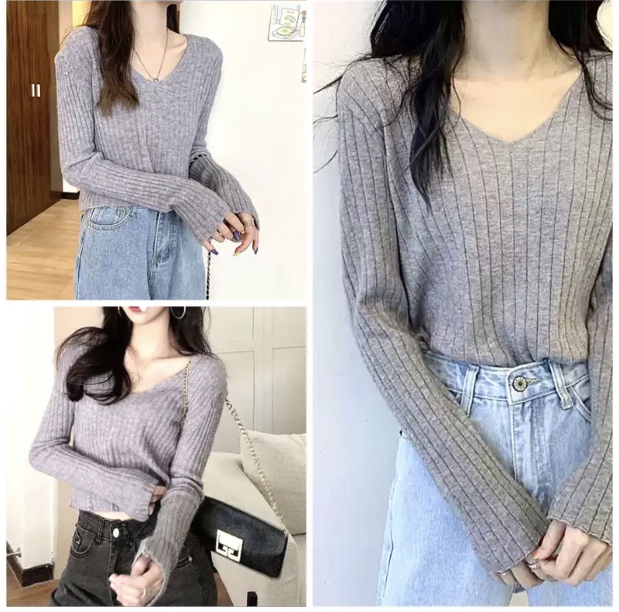 Áo Len Nữ Dài Tay Cổ Tim Dáng Lỡ