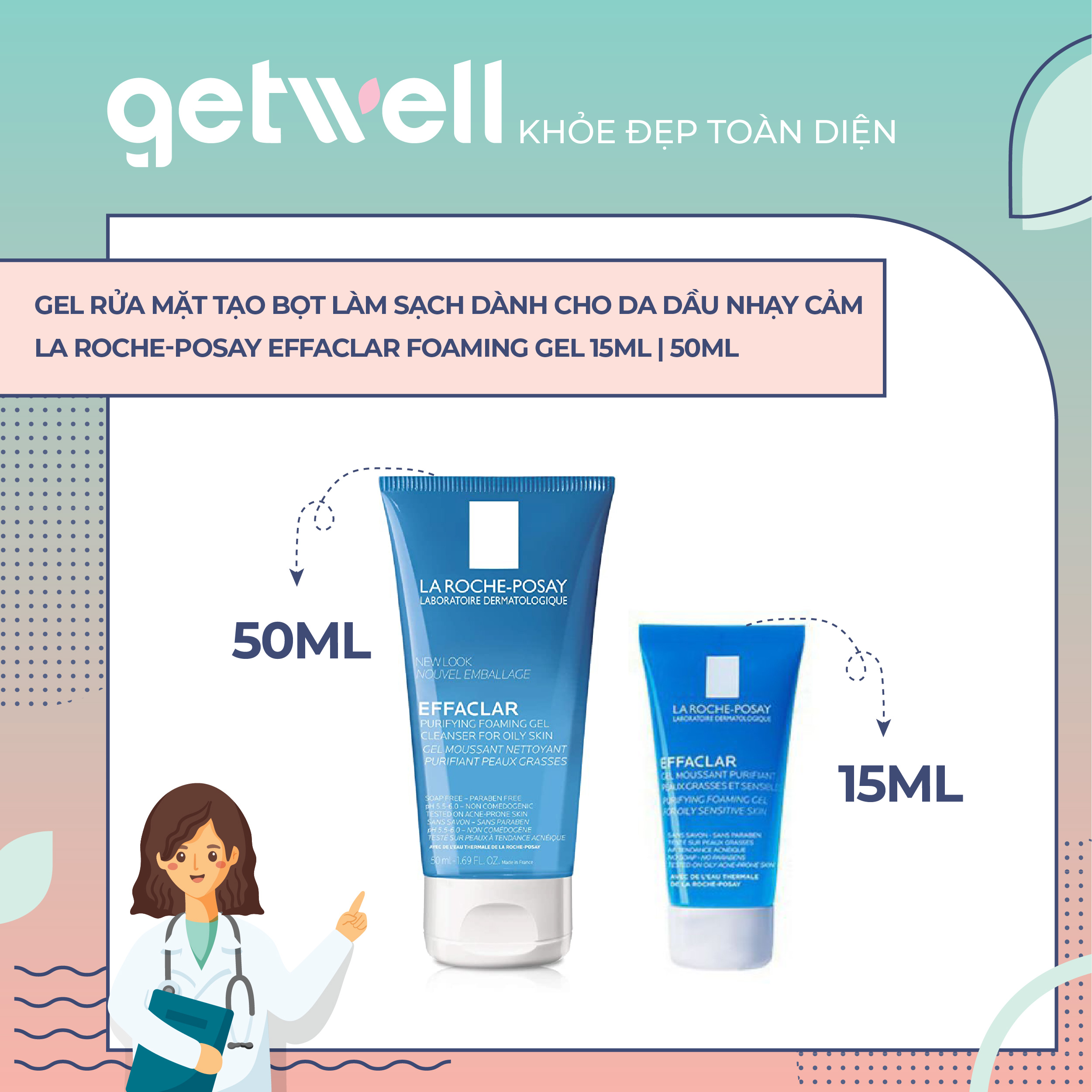 La Roche Posay Sữa Rửa Mặt Dành Cho Da Dầu Mụn Dạng Gel Effaclar Purifying 50ml 15ml