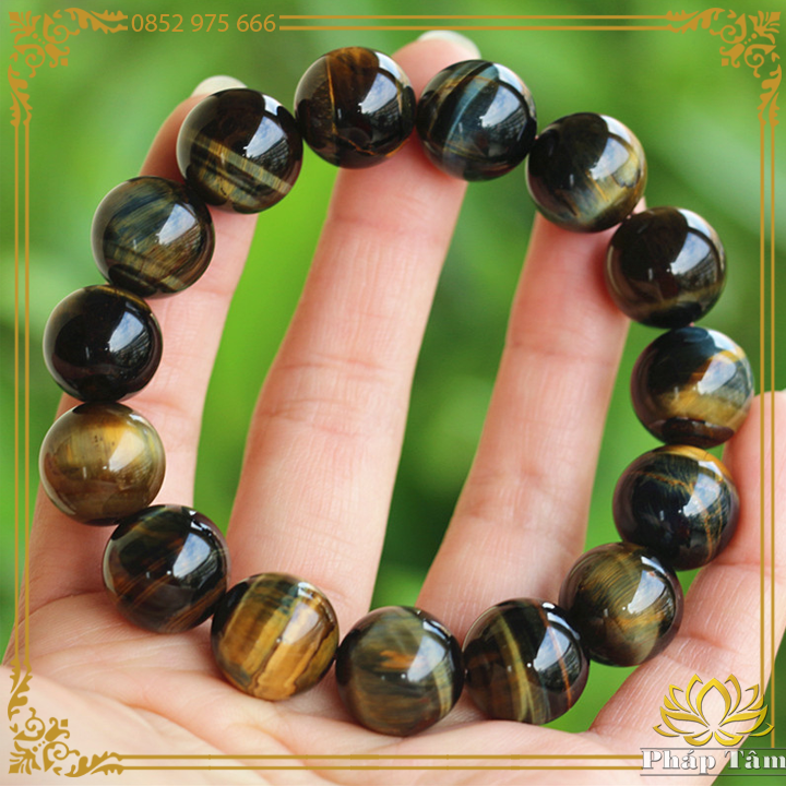 Vòng Tay Phong Thủy Đá Mắt Hổ Xanh Đen Vân Vàng Cao Cấp Hạng 3A - Pháp Tâm