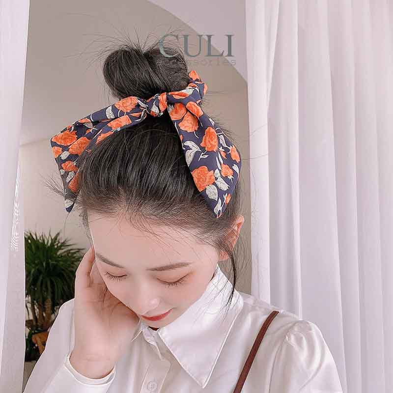 Cột tóc, dây buộc tóc vải nơ hoa phong cách vintage