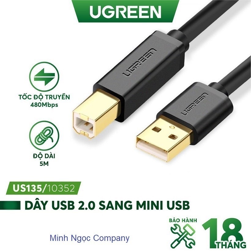 Dây máy in usb 2.0 chuẩn a đực sang chuẩn b đực độ dài 5m ugreen 10352 us135 - hàng