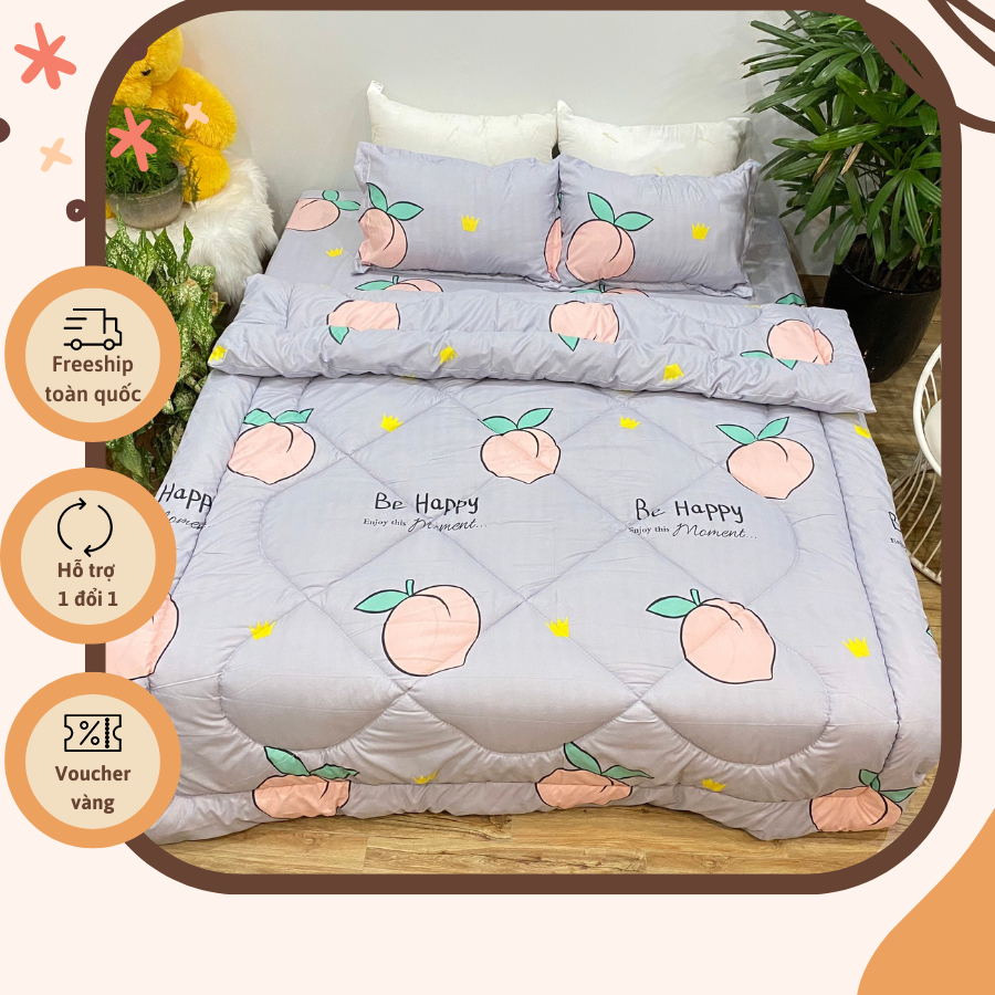 Bộ Chăn Phao 5 Món Mẫu Đào Tím Mã P38 ( Gồm 1 Chăn Phao, 1 ga bo chun,2 vỏ gối nằm và 1 vỏ gối ôm)