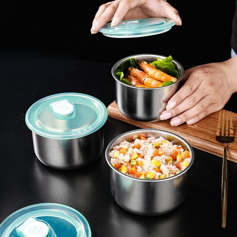 Hộp đựng inox tròn có nắp đậy bằng inox, hộp inox đựng đồ tủ lạnh đa năng
