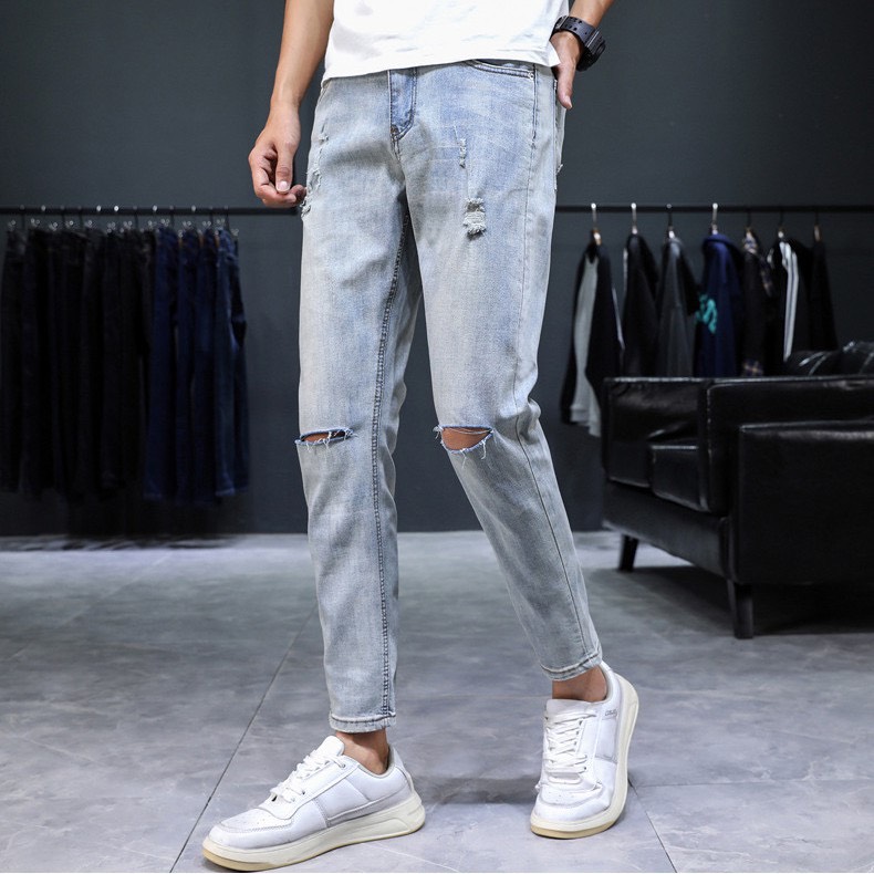 Quần Jean Nam ( 2 Màu: Xanh-Đen ) Rách Gối